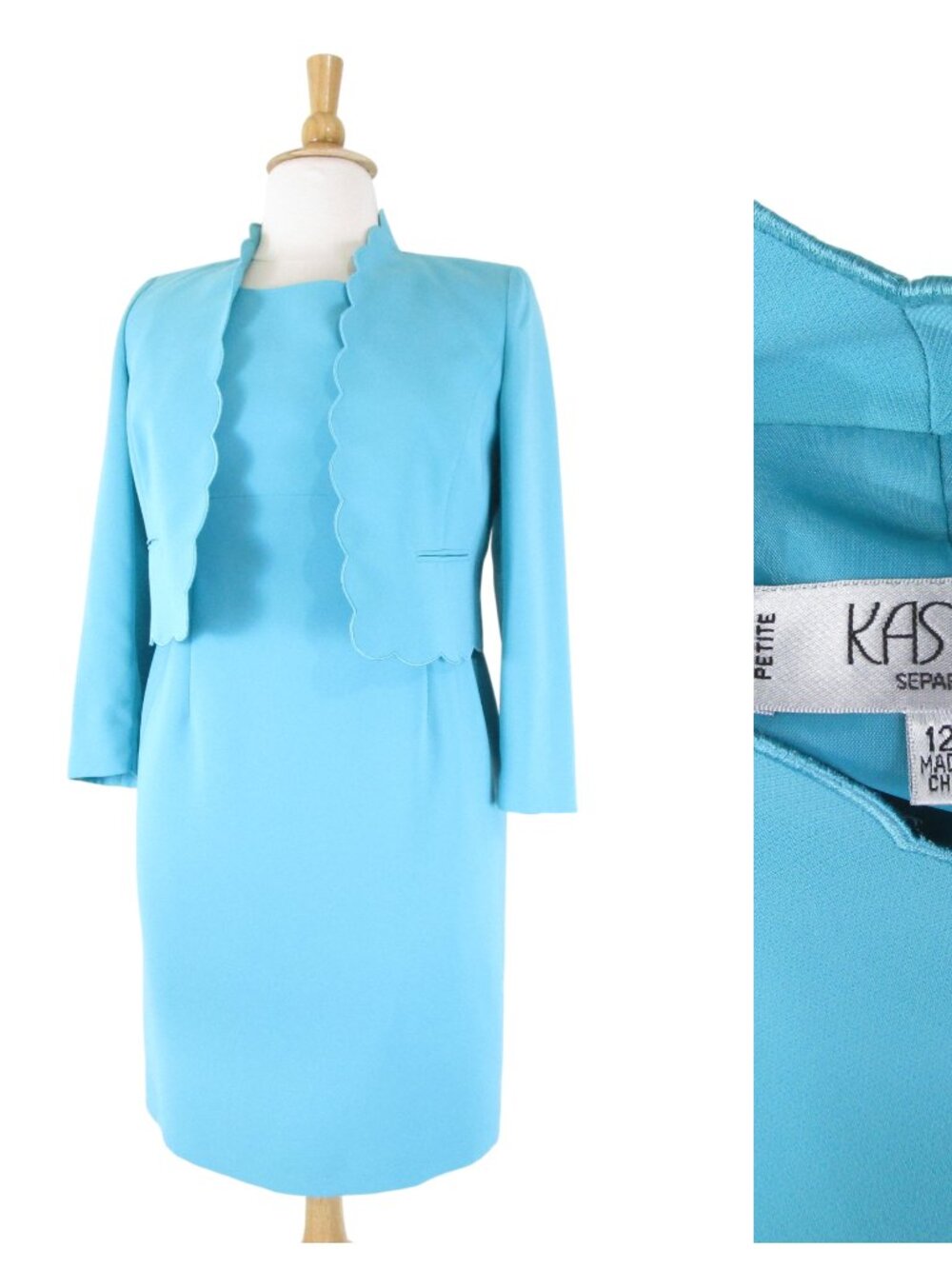 Kasper Womens Petite Aqua Blue Dress Suit Size 12P 14P Formal Business Career